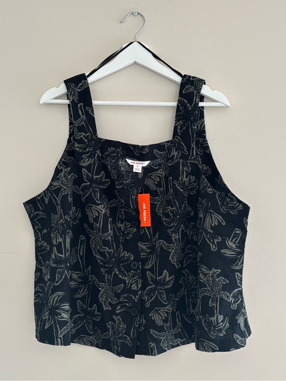 NWT Joe Fresh Sleeveless Top Sz 1X Black Tropical Palm Print Linen/Cotton Blend
